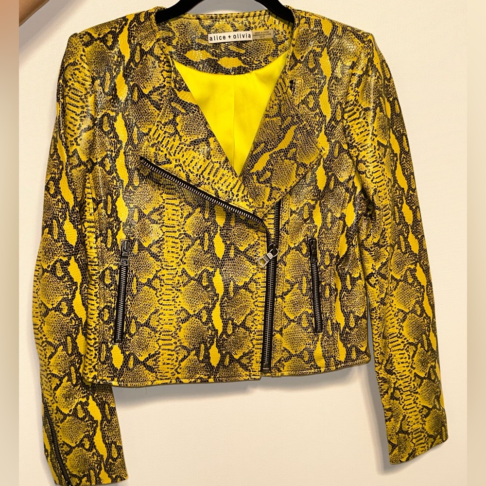 Alice & Olivia “Stanton” yellow snakeskin leather moto jacket
